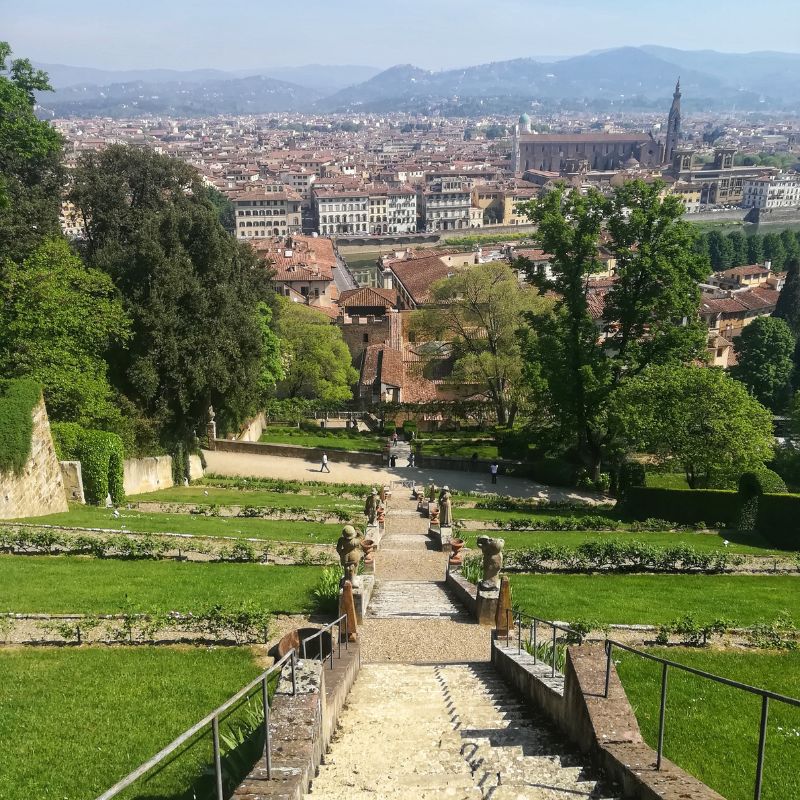 view of Florence and the Baroque staircase at the Bardini Garden