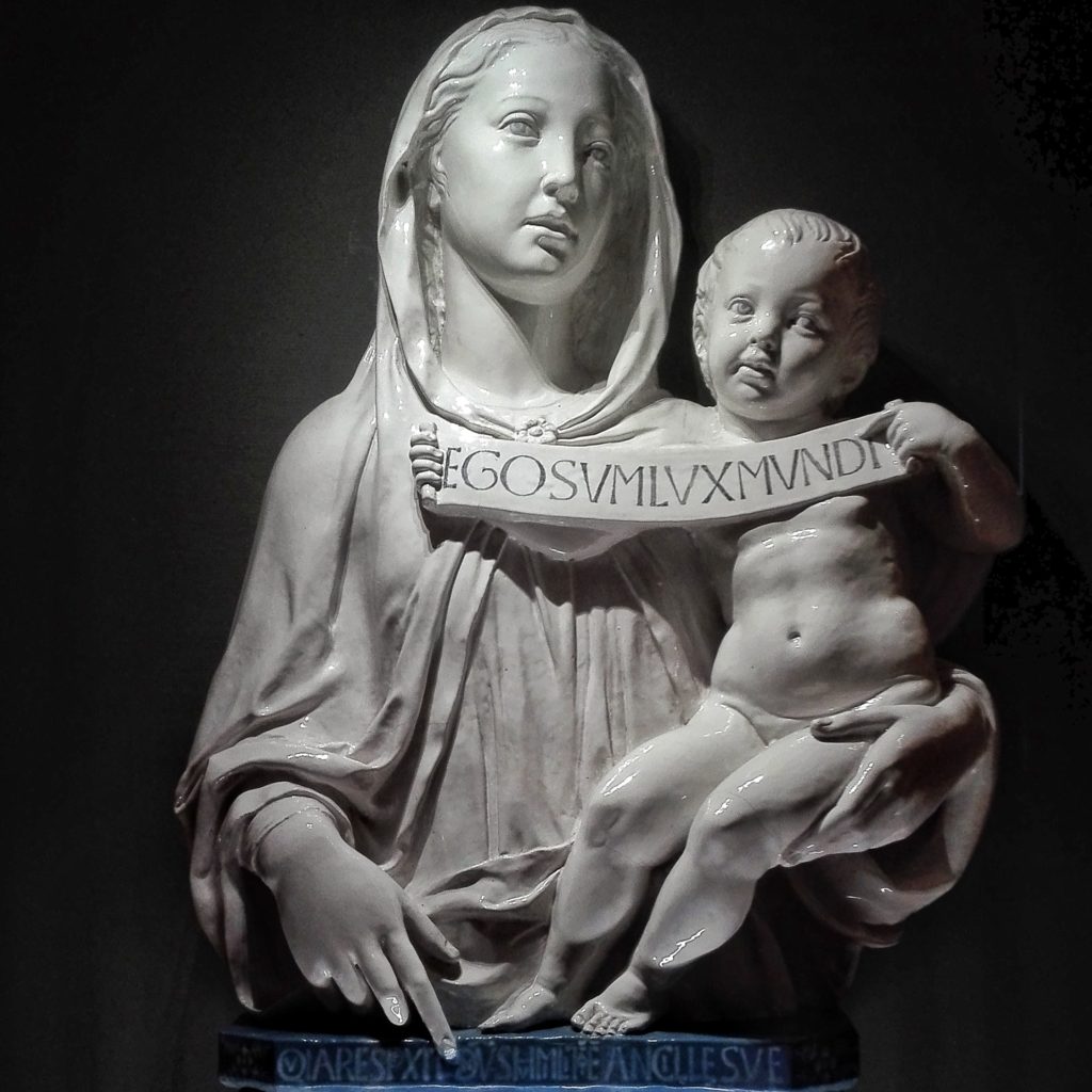 tin glazed terracotta of the virgin mary and baby Jesus by Luca della Robbia