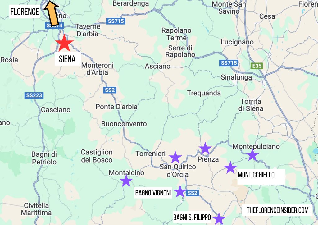 map of Val d'Orcia, Tuscany, with the most beautiful villages pointed on it