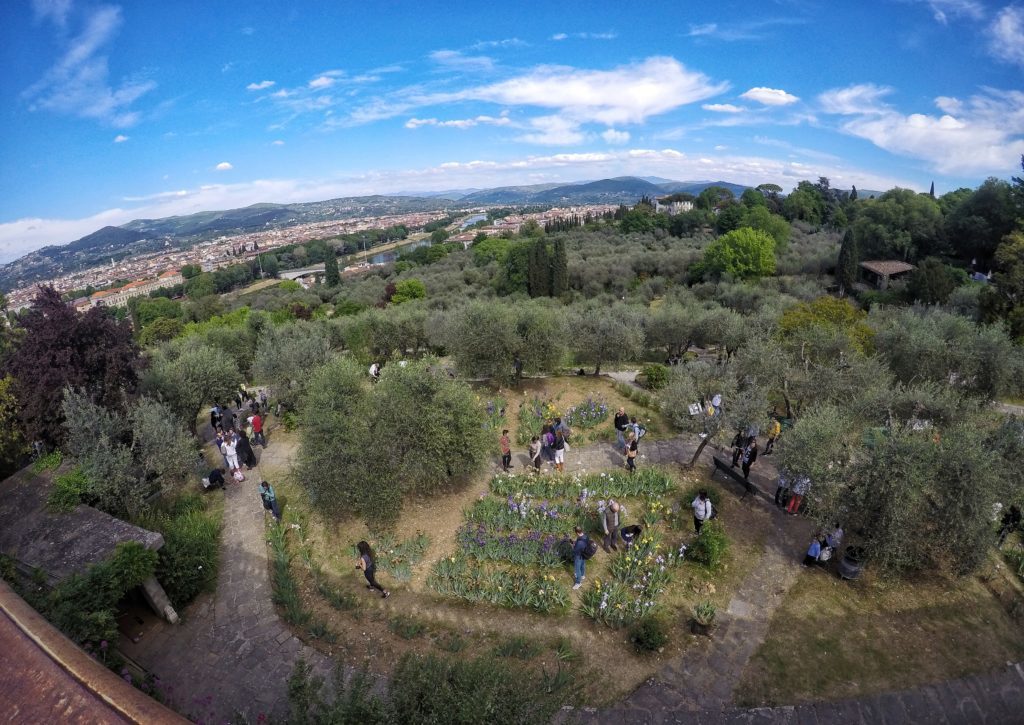 panoramic view from above of the iris garden in Florence