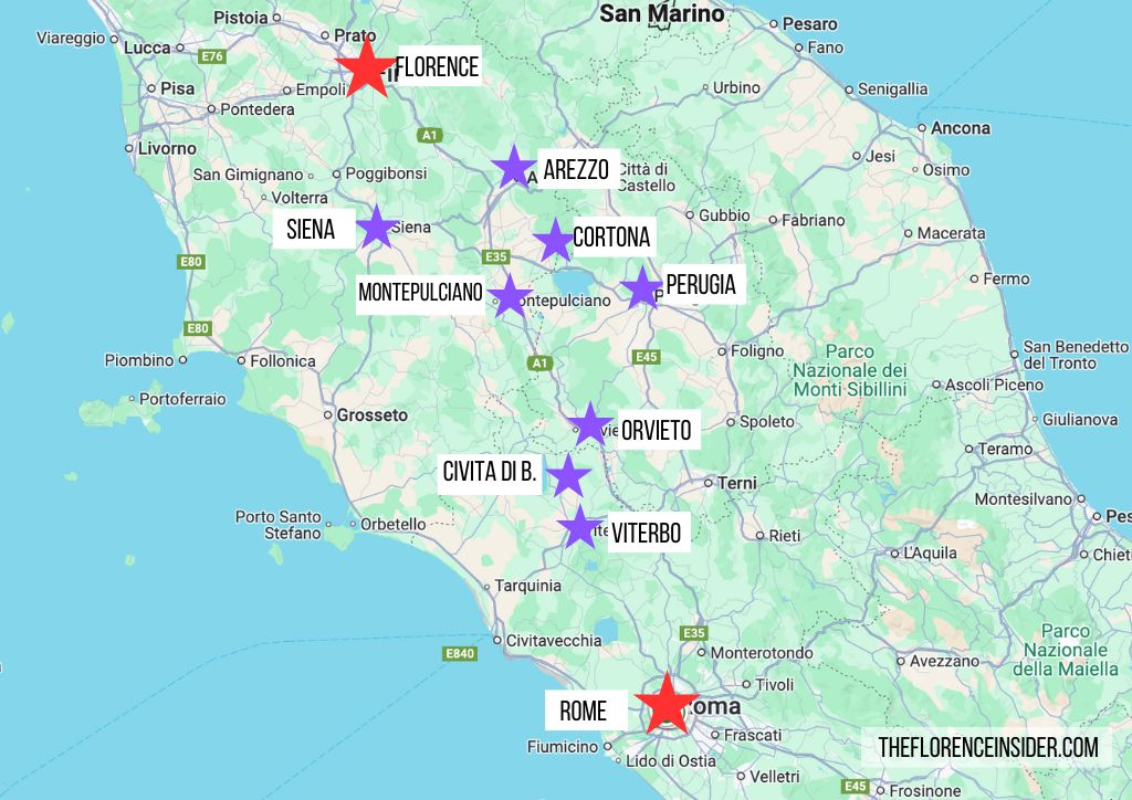 map of central italy for a drive with stops between rome and florence
