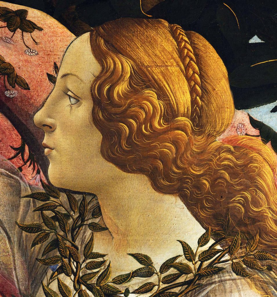 detail of a female figure in the painting at the Uffizi gallery in Florence