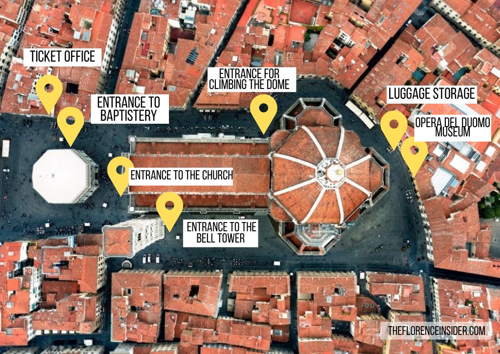 map of the area around the duomo of Florence with entrances to monuments