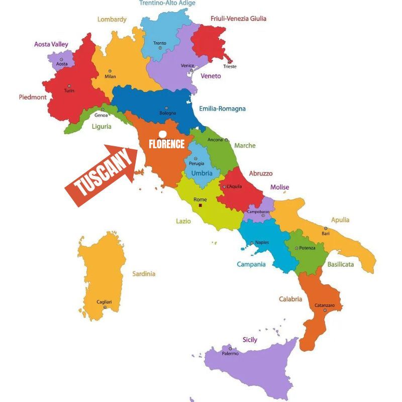Florence on a map of Italy