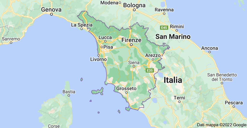 Florence on a map of Tuscany