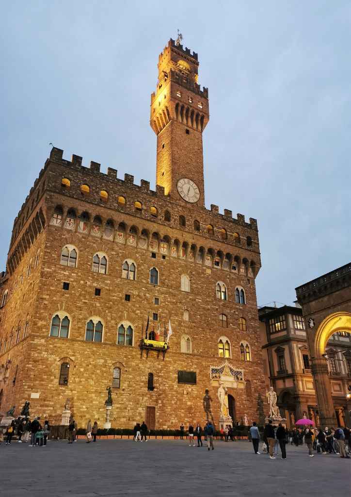 most famous square in Florence, piazza della Signoria, at sunset