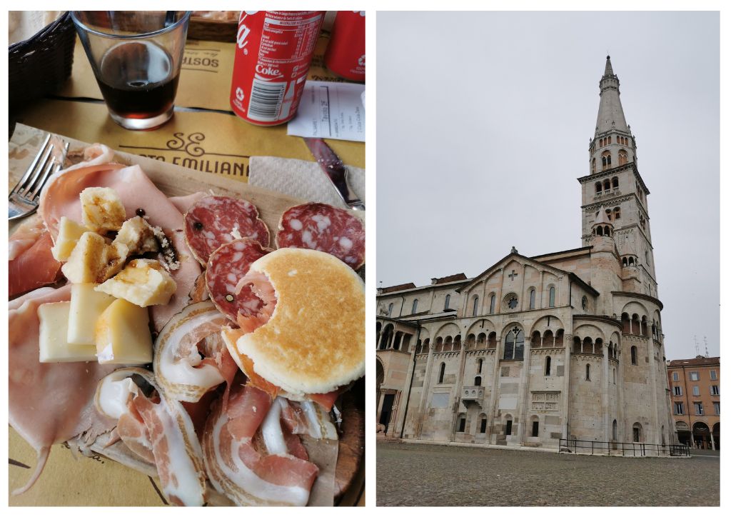 board of cheese and salami + cathedral of Modena