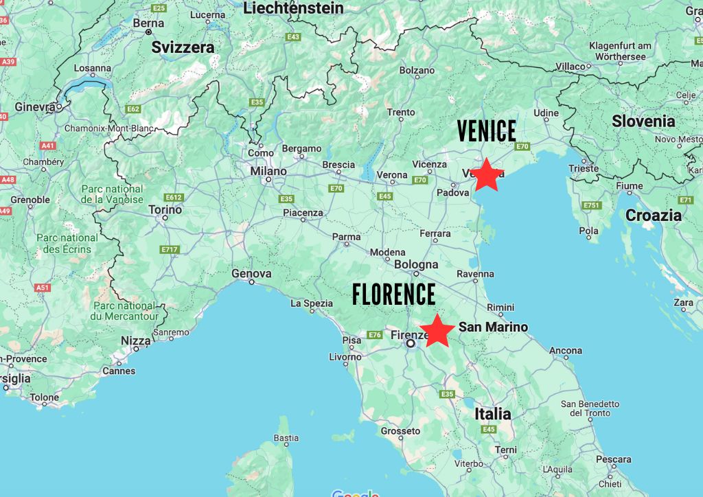 map of Italy with Florence and Venice 