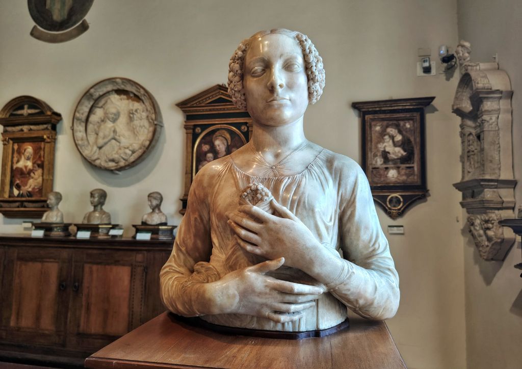 bust portrait by Verrocchio of a lady with a bouquet
